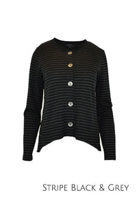 EBONY_MERINO CRESCENT HEM CARDIGAN WITH POCKETS LONG SLEEVES ROUND NECK STRIPE BLACK/GREY _ _ Ebony Boutique NZ