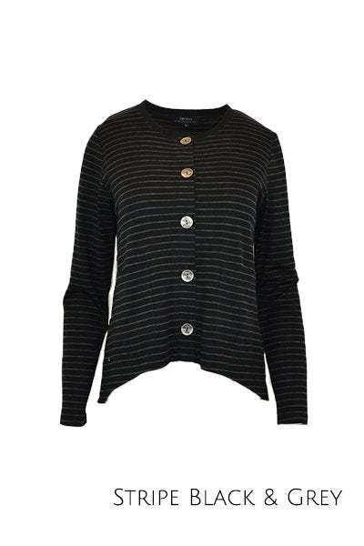 EBONY_MERINO CRESCENT HEM CARDIGAN WITH POCKETS LONG SLEEVES ROUND NECK STRIPE BLACK/GREY _ _ Ebony Boutique NZ