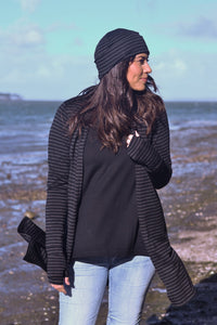 EBONY_MERINO EDGE TO EDGE CARDIGAN WITH SPLITS WOMEN'S 100% MERINO WOOL (210) LONG SLEEVE STRIPE BLACK/GREY _ _ Ebony Boutique NZ