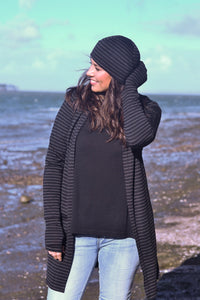 EBONY_MERINO EDGE TO EDGE CARDIGAN WITH SPLITS WOMEN'S 100% MERINO WOOL (210) LONG SLEEVE STRIPE BLACK/GREY _ _ Ebony Boutique NZ