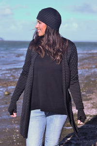EBONY_MERINO EDGE TO EDGE CARDIGAN WITH SPLITS WOMEN'S 100% MERINO WOOL (210) LONG SLEEVE STRIPE BLACK/GREY _ _ Ebony Boutique NZ