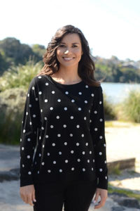 EBONY_MERINO JUMPER REVERSIBLE SPOT/PLAIN LONG SLEEVES CREW NECK BLACK & SILVER _ _ Ebony Boutique NZ