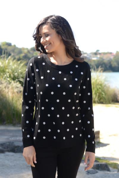 EBONY_MERINO JUMPER REVERSIBLE SPOT/PLAIN LONG SLEEVES CREW NECK BLACK & SILVER _ _ Ebony Boutique NZ