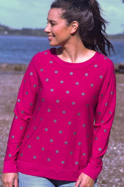 EBONY_MERINO JUMPER REVERSIBLE SPOT/PLAIN LONG SLEEVES CREW NECK RASPBERRY & BLACK _ _ Ebony Boutique NZ