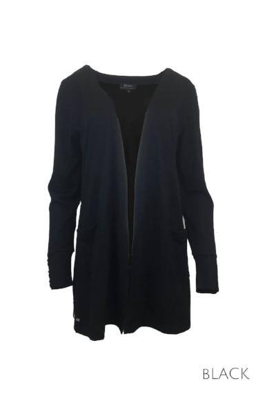 EBONY_MERINO LONG CARDIGAN WITH POCKETS & BUTTON CUFF/HEM LONG SLEEVES BLACK _ _ Ebony Boutique NZ