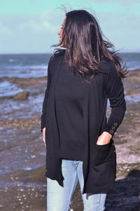 EBONY_MERINO LONG CARDIGAN WITH POCKETS & BUTTON CUFF/HEM LONG SLEEVES BLACK _ _ Ebony Boutique NZ