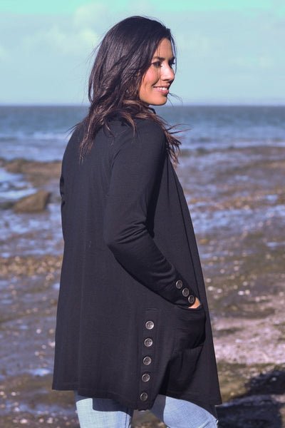 EBONY_MERINO LONG CARDIGAN WITH POCKETS & BUTTON CUFF/HEM LONG SLEEVES BLACK _ _ Ebony Boutique NZ