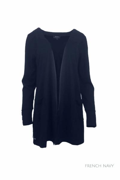 EBONY_MERINO LONG CARDIGAN WITH POCKETS & BUTTON CUFF/HEM LONG SLEEVES FRENCH NAVY _ _ Ebony Boutique NZ