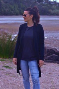 EBONY_MERINO LONGLINE CARDIGAN WITH SPLIT HEM LONG SLEEVES FRENCH NAVY _ _ Ebony Boutique NZ