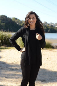 EBONY_MERINO SHAWL COLLAR CARDIGAN WOMENS LONG SLEEVES BLACK _ _ Ebony Boutique NZ