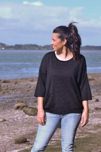 EBONY_MERINO SWEATER WITH FRONT POCKETS & 3/4 SLEEVES STRIPE BLACK/GREY _ _ Ebony Boutique NZ