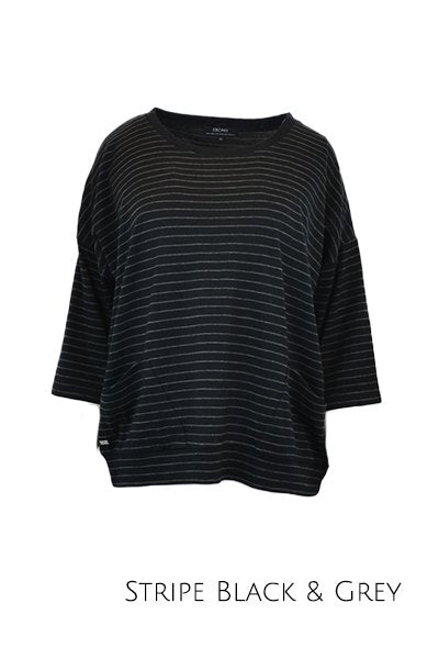 EBONY_MERINO SWEATER WITH FRONT POCKETS & 3/4 SLEEVES STRIPE BLACK/GREY _ _ Ebony Boutique NZ