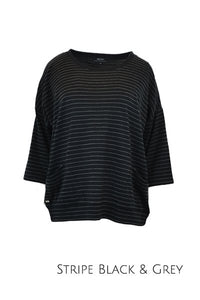 EBONY_MERINO SWEATER WITH FRONT POCKETS & 3/4 SLEEVES STRIPE BLACK/GREY _ _ Ebony Boutique NZ