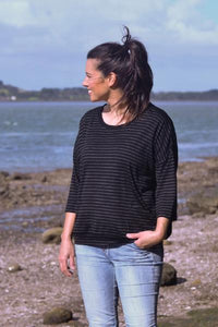 EBONY_MERINO SWEATER WITH FRONT POCKETS & 3/4 SLEEVES STRIPE BLACK/GREY _ _ Ebony Boutique NZ