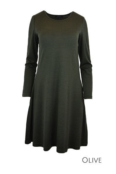EBONY_MERINO SWING DRESS LONG SLEEVES OLIVE _ _ Ebony Boutique NZ