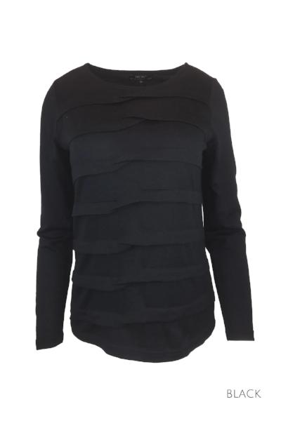 EBONY_MERINO TUCK PLEAT TOP WOMENS LONG SLEEVES ROUND NECK BLACK _ _ Ebony Boutique NZ