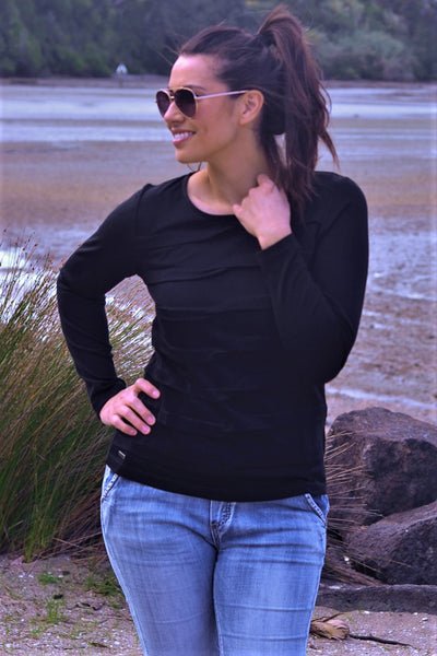 EBONY_MERINO TUCK PLEAT TOP WOMENS LONG SLEEVES ROUND NECK BLACK _ _ Ebony Boutique NZ
