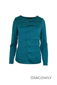 EBONY_MERINO TUCK PLEAT TOP WOMENS LONG SLEEVES ROUND NECK DRAGONFLY _ _ Ebony Boutique NZ