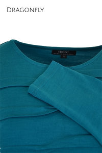 EBONY_MERINO TUCK PLEAT TOP WOMENS LONG SLEEVES ROUND NECK DRAGONFLY _ _ Ebony Boutique NZ