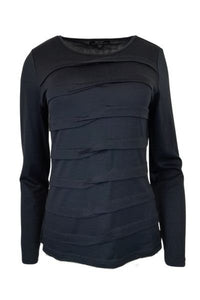 EBONY_MERINO TUCK PLEAT TOP WOMENS LONG SLEEVES ROUND NECK FRENCH NAVY _ _ Ebony Boutique NZ