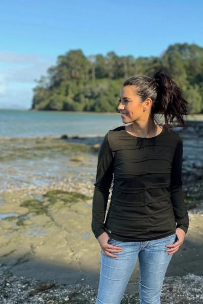 EBONY_MERINO TUCK PLEAT TOP WOMENS LONG SLEEVES ROUND NECK OLIVE _ _ Ebony Boutique NZ