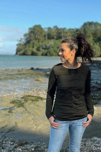 EBONY_MERINO TUCK PLEAT TOP WOMENS LONG SLEEVES ROUND NECK OLIVE _ _ Ebony Boutique NZ