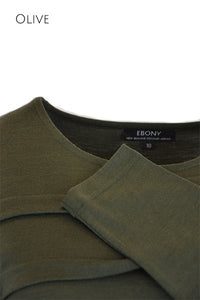 EBONY_MERINO TUCK PLEAT TOP WOMENS LONG SLEEVES ROUND NECK OLIVE _ _ Ebony Boutique NZ