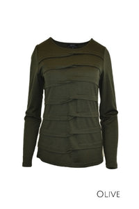 EBONY_MERINO TUCK PLEAT TOP WOMENS LONG SLEEVES ROUND NECK OLIVE _ _ Ebony Boutique NZ