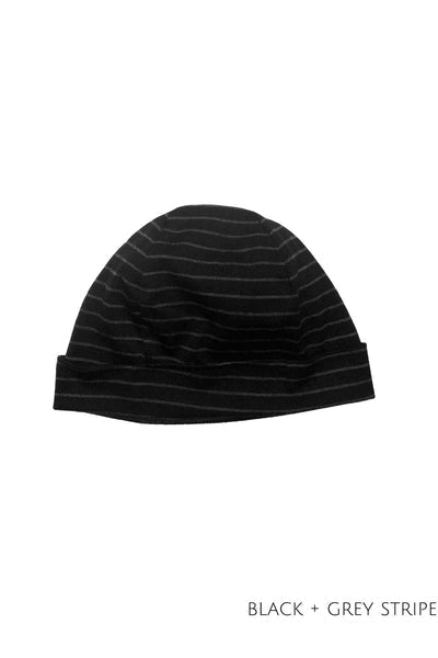 EBONY_100% MERINO BEANIE UNISEX CUFFED/SLOUCH STRIPE BLACK/GREY _ _ Ebony Boutique NZ