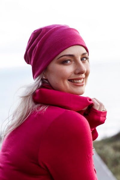 EBONY_100% MERINO BEANIE UNISEX CUFFED/SLOUCH RASPBERRY _ _ Ebony Boutique NZ