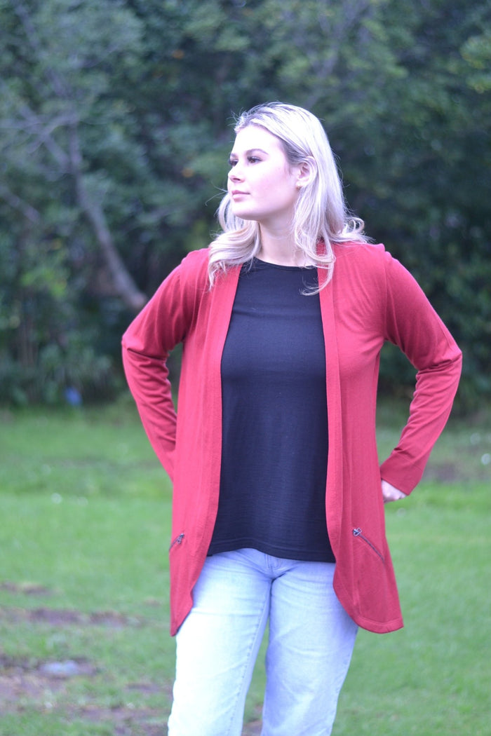 EBONY_MERINO ZIP POCKET CARDIGAN LONG SLEEVES WOMENS EMBER _ _ Ebony Boutique NZ