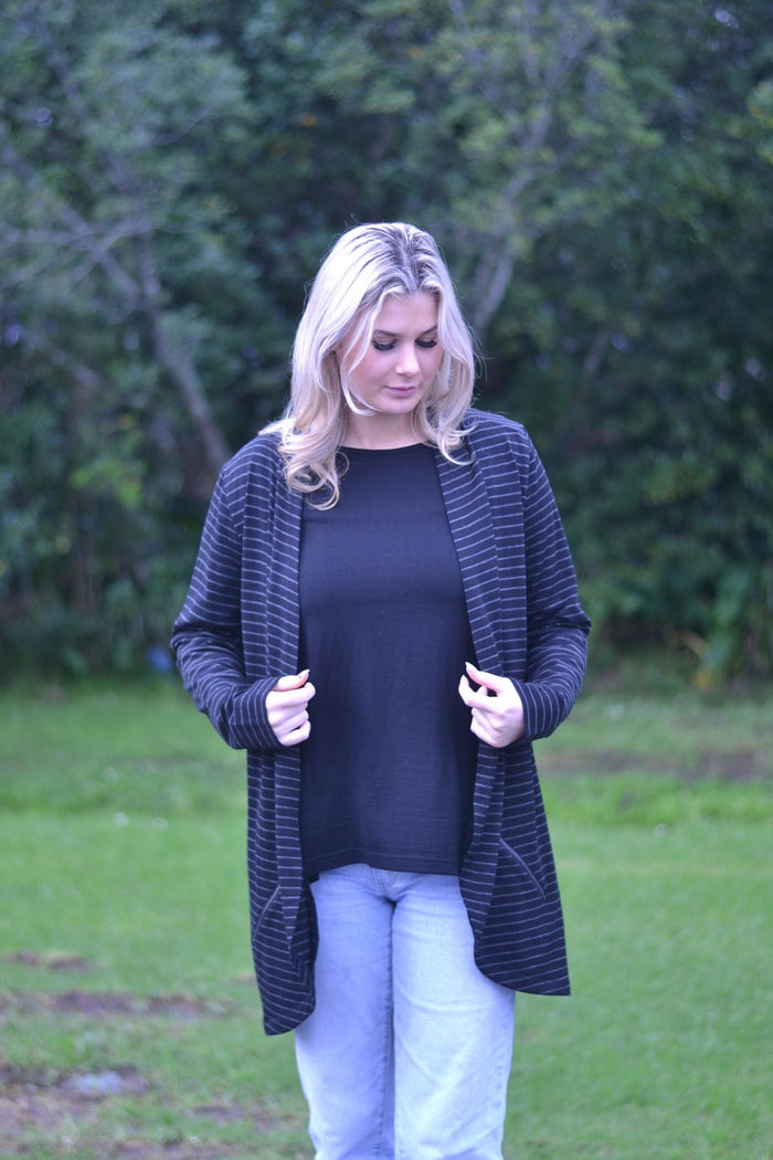 EBONY_MERINO ZIP POCKET CARDIGAN LONG SLEEVES WOMENS STRIPE BLACK/GREY _ _ Ebony Boutique NZ