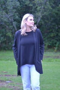 EBONY_MERINO ZIP POCKET CARDIGAN LONG SLEEVES WOMENS STRIPE BLACK/GREY _ _ Ebony Boutique NZ