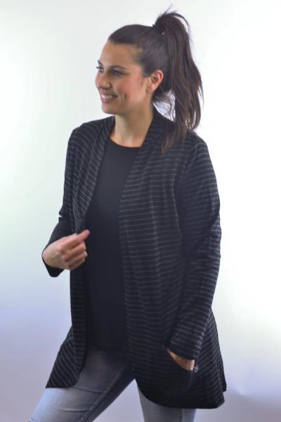 EBONY_MERINO ZIP POCKET CARDIGAN LONG SLEEVES WOMENS STRIPE BLACK/GREY _ _ Ebony Boutique NZ
