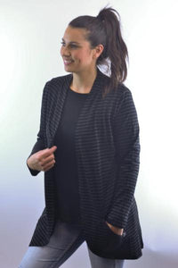 EBONY_MERINO ZIP POCKET CARDIGAN LONG SLEEVES WOMENS STRIPE BLACK/GREY _ _ Ebony Boutique NZ