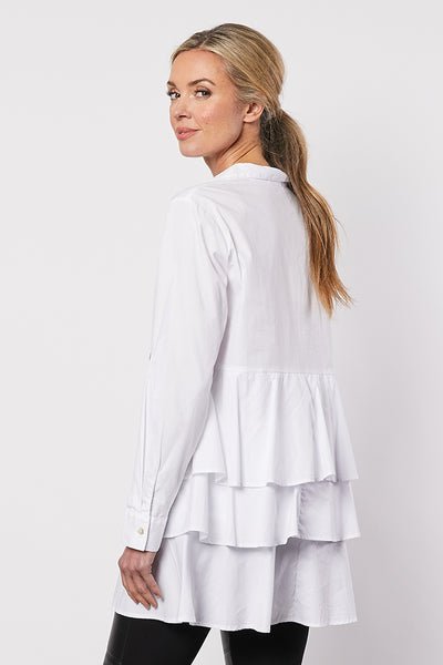 Womens white ruffle collar shirt with ruffle long sleeves and hidden placket