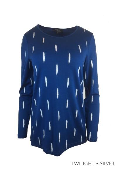 EBONY_WOMEN'S 100% MERINO (210) A-LINE SCOOP LONG SLEEVE TOP DASH PRINT _ _ Ebony Boutique NZ