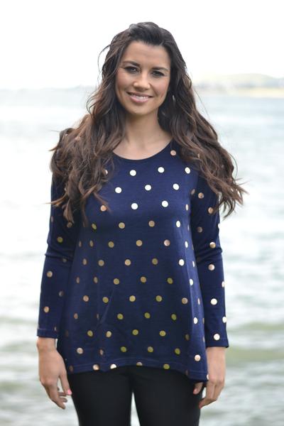 EBONY_WOMENS 100% MERINO WOOL (210) LONG SLEEVE SWING TOP SPOT PRINT NAVY/ROSE _ _ Ebony Boutique NZ