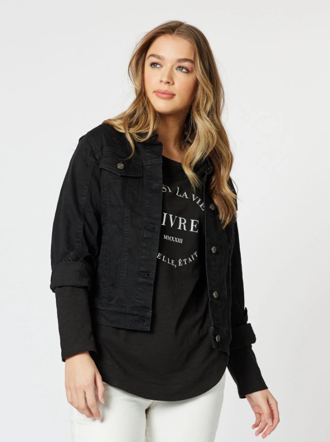 THREADZ_COLLARED DENIM JACKET BLACK _ COLLARED DENIM JACKET BLACK _ Ebony Boutique NZ