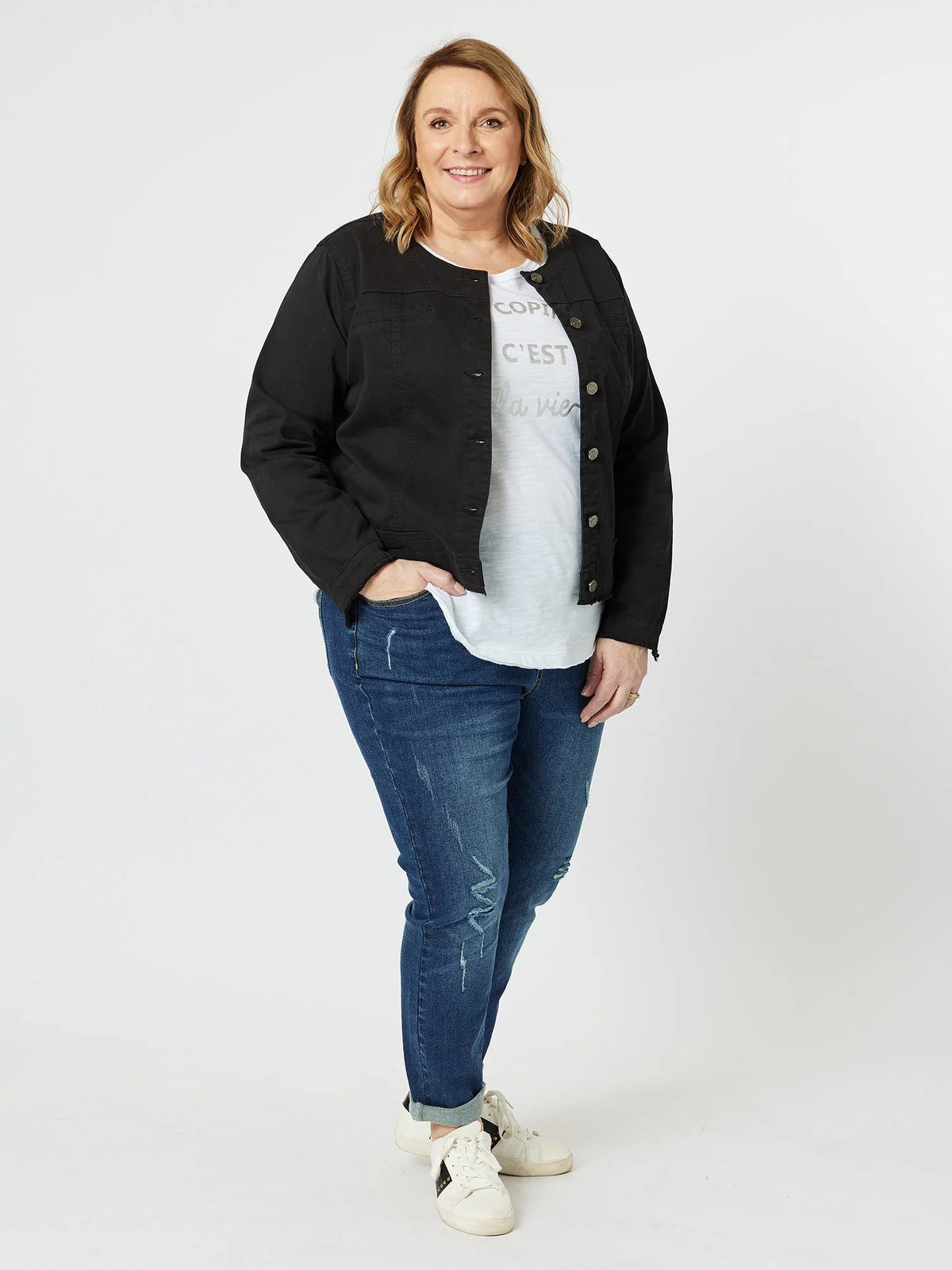 THREADZ_COLLARLESS DENIM JACKET BLACK _ COLLARLESS DENIM JACKET BLACK _ Ebony Boutique NZ