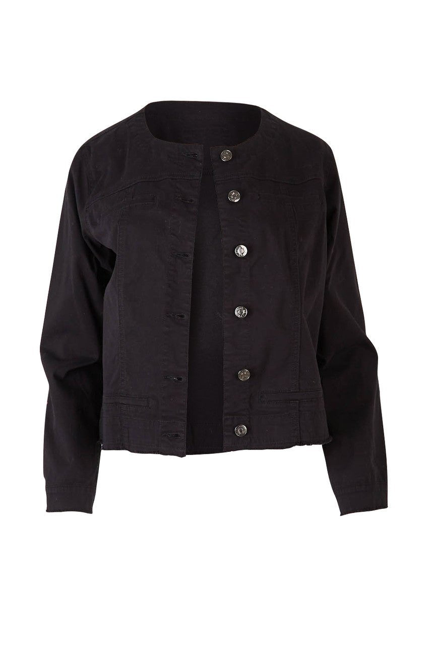 THREADZ_COLLARLESS DENIM JACKET BLACK _ COLLARLESS DENIM JACKET BLACK _ Ebony Boutique NZ