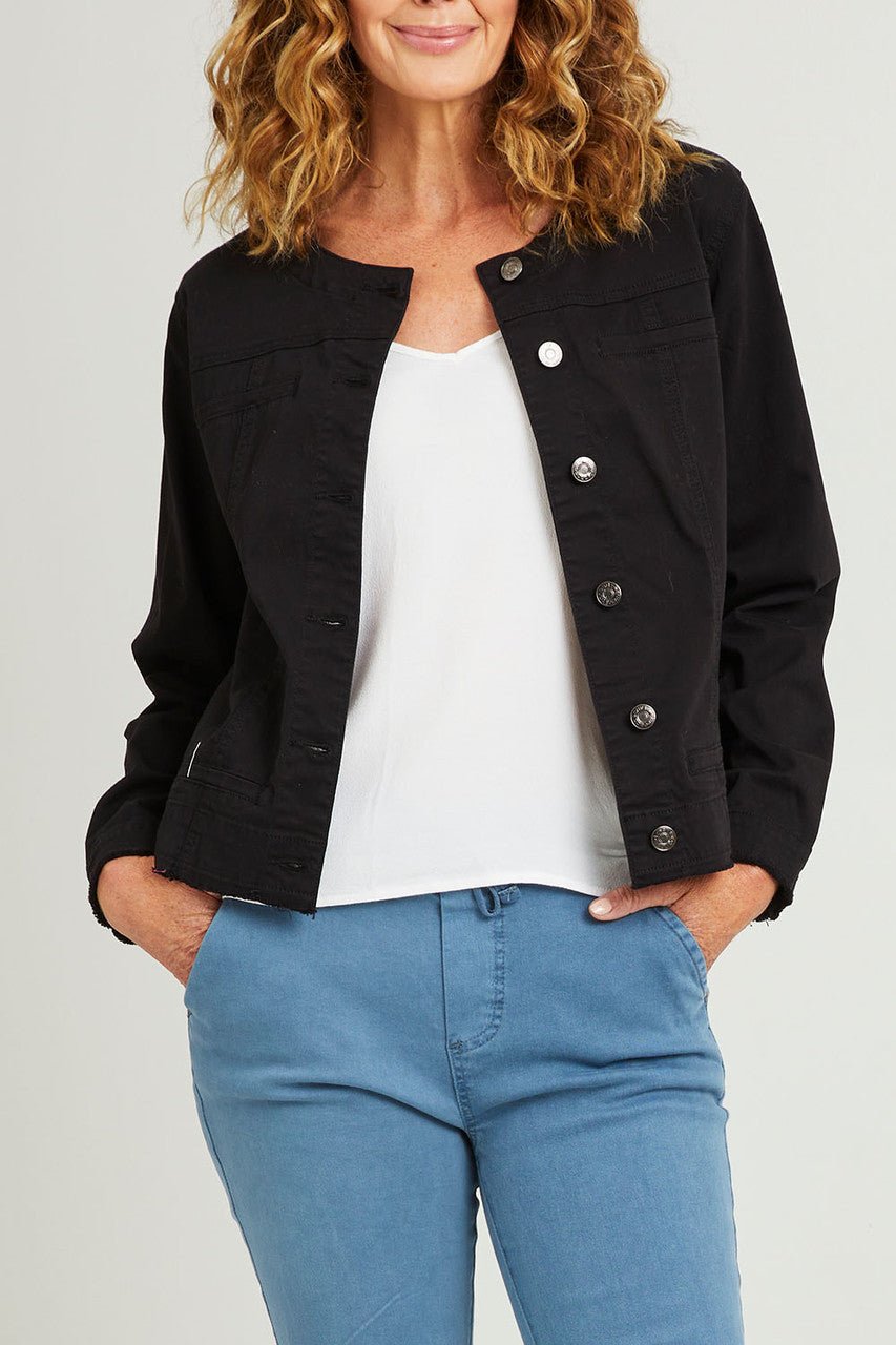 THREADZ_COLLARLESS DENIM JACKET BLACK _ COLLARLESS DENIM JACKET BLACK _ Ebony Boutique NZ
