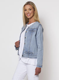 THREADZ_COLLARLESS DENIM JACKET DENIM _ COLLARLESS DENIM JACKET DENIM _ Ebony Boutique NZ