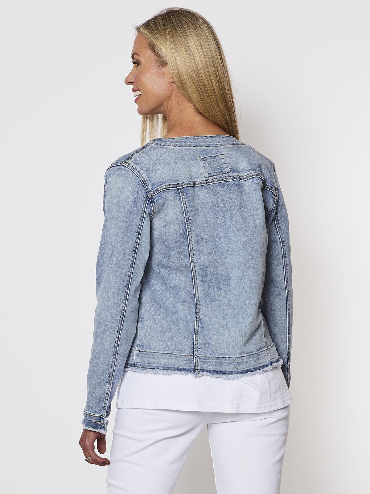 THREADZ_COLLARLESS DENIM JACKET DENIM _ COLLARLESS DENIM JACKET DENIM _ Ebony Boutique NZ