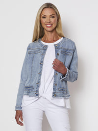 THREADZ_COLLARLESS DENIM JACKET DENIM _ COLLARLESS DENIM JACKET DENIM _ Ebony Boutique NZ