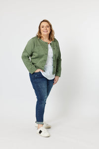 THREADZ_COLLARLESS DENIM JACKET KHAKI _ COLLARLESS DENIM JACKET KHAKI _ Ebony Boutique NZ