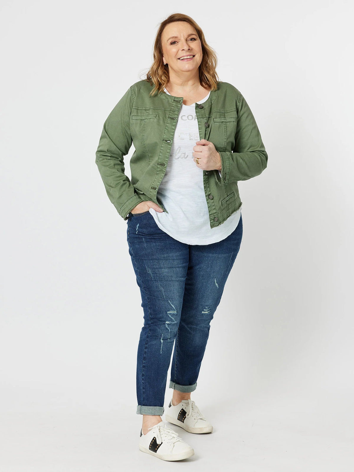 THREADZ_COLLARLESS DENIM JACKET KHAKI _ COLLARLESS DENIM JACKET KHAKI _ Ebony Boutique NZ