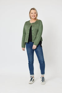 THREADZ_COLLARLESS DENIM JACKET KHAKI _ COLLARLESS DENIM JACKET KHAKI _ Ebony Boutique NZ
