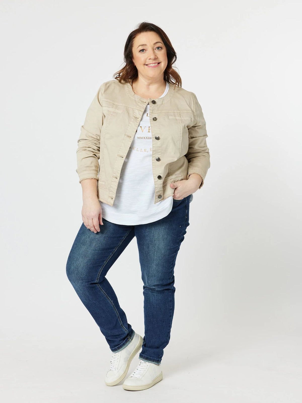 THREADZ_COLLARLESS DENIM JACKET NATURAL _ COLLARLESS DENIM JACKET NATURAL _ Ebony Boutique NZ