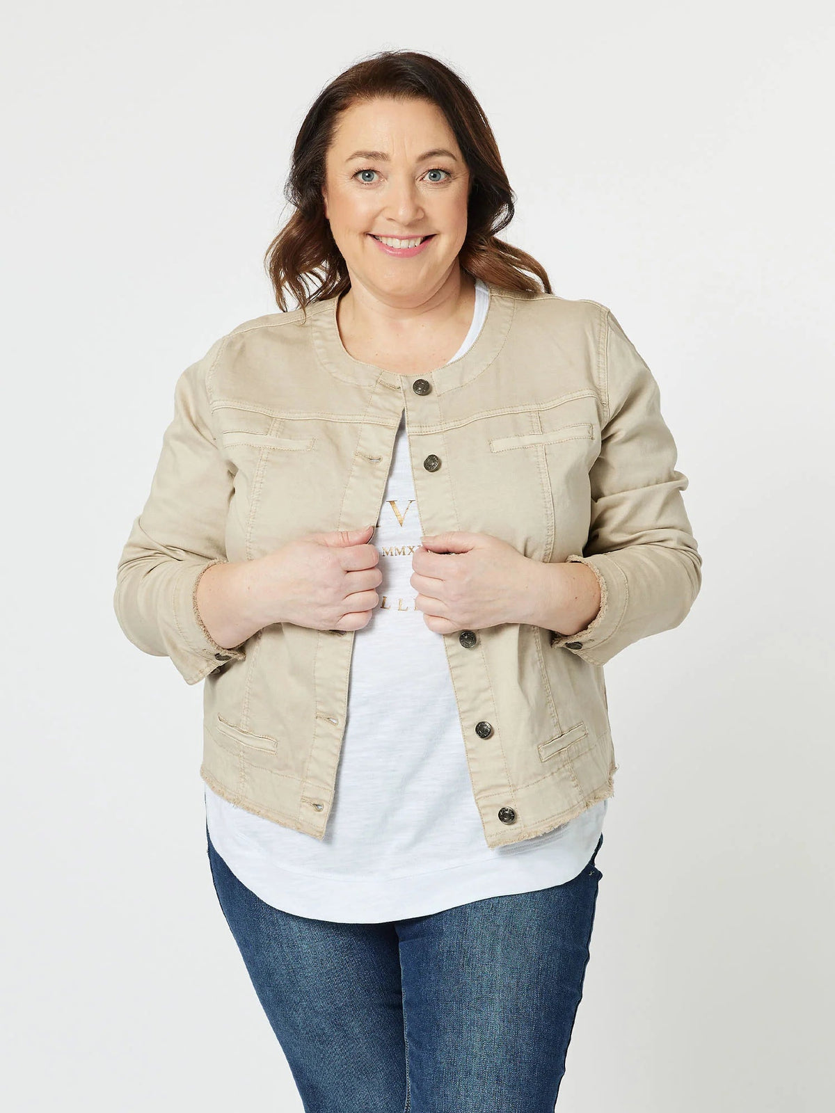 THREADZ_COLLARLESS DENIM JACKET NATURAL _ COLLARLESS DENIM JACKET NATURAL _ Ebony Boutique NZ